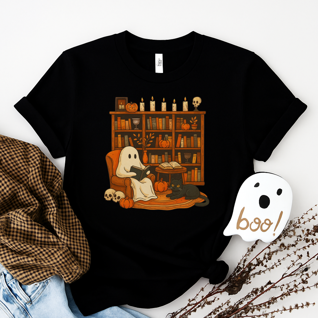 Retro Ghost Reading Books T-shirt, Librarian Ghost Halloween, Halloween Teacher T-shirt