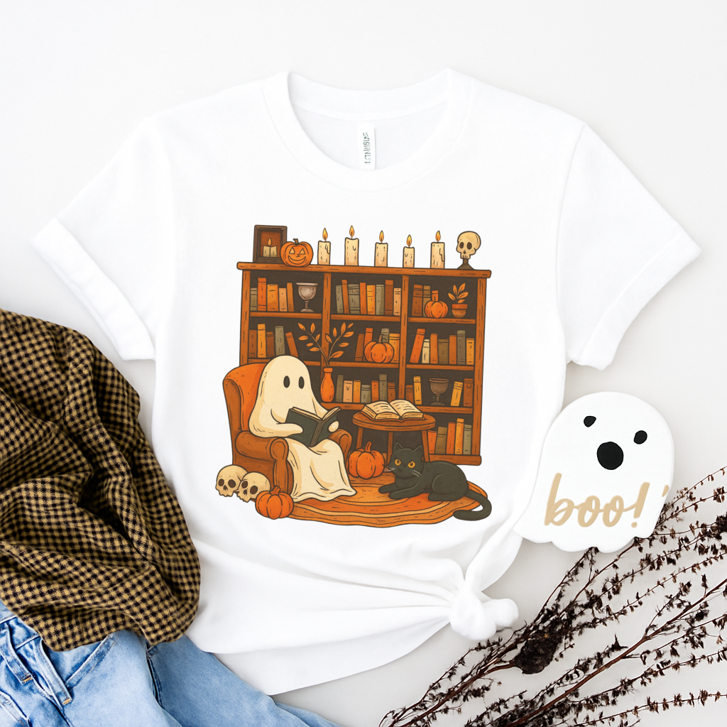 Retro Ghost Reading Books T-shirt, Librarian Ghost Halloween, Halloween Teacher T-shirt