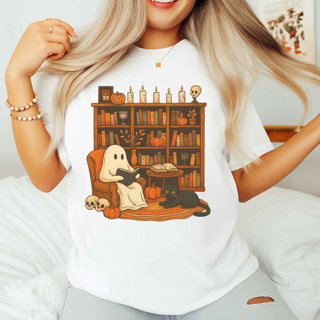 Retro Ghost Reading Books T-shirt, Librarian Ghost Halloween, Halloween Teacher T-shirt