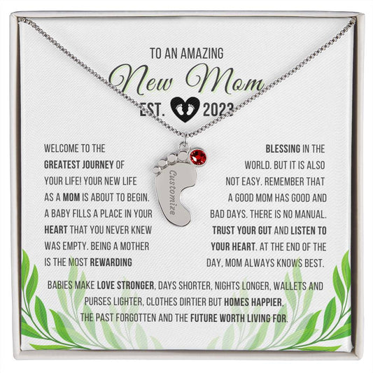 To An Amazing New Mom Est 2023 | Custom Baby Feet Necklace with Birthstone